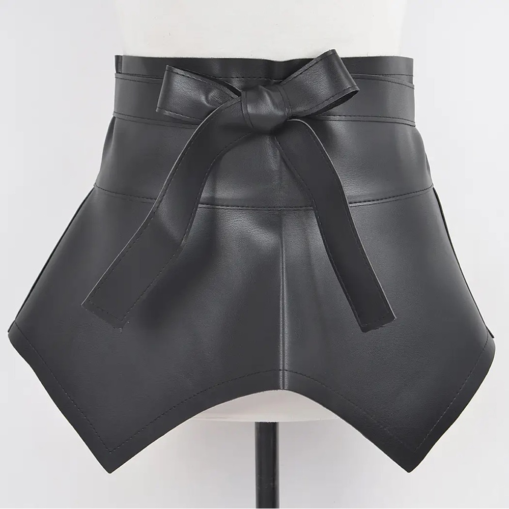 Black Faux Leather Plus Size Skirt Belt | Wide Obi Wrap Waist Cincher | Bow Tie